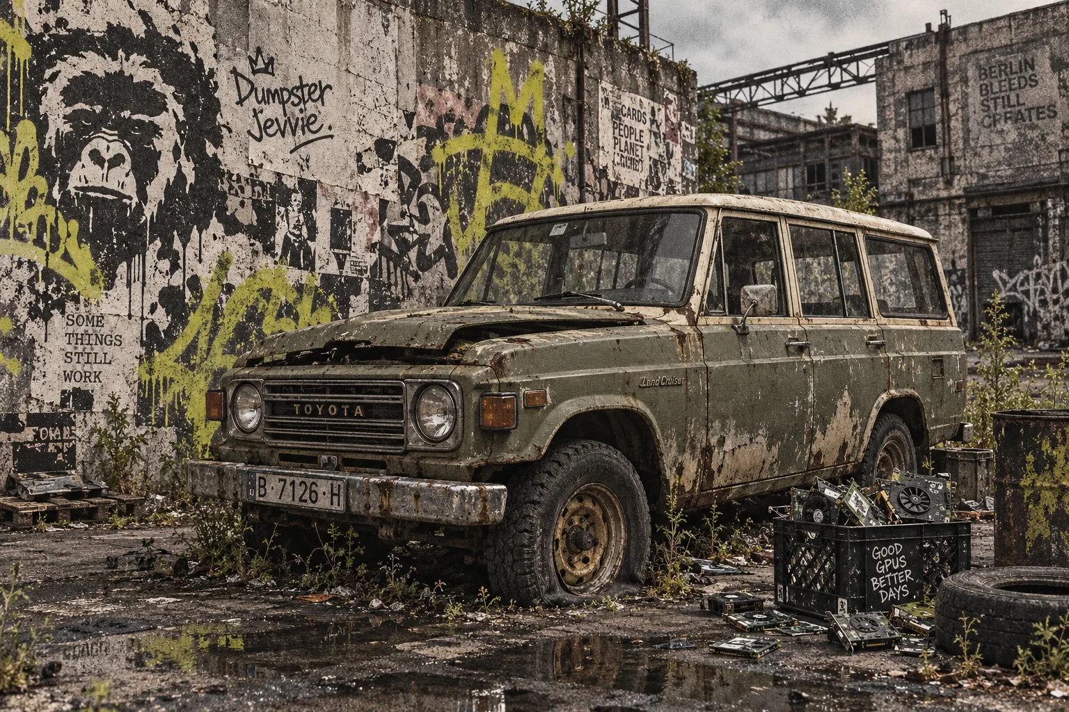 A rusty olive FJ50 Land Cruiser in a graffiti-covered European courtyard, beside a crate of salvaged graphics cards. Dumpster Jevvie is tagged on the wall.